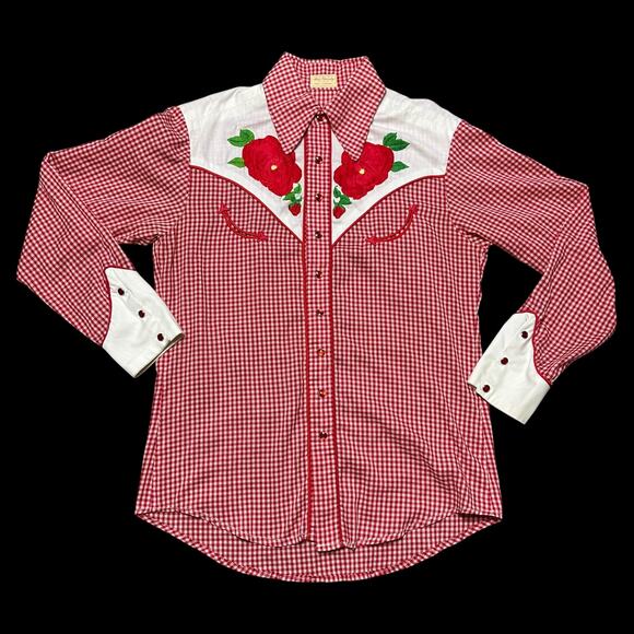 Vintage 70s Western Shirt Red Gingham Embroidered Roses Pearl Snap OOAK Sz M - Picture 1 of 10
